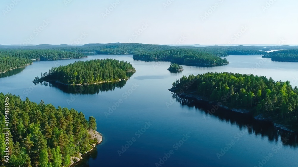 Aerial view of lush islands on a calm lake Aerial view of lush islands on a calm lake