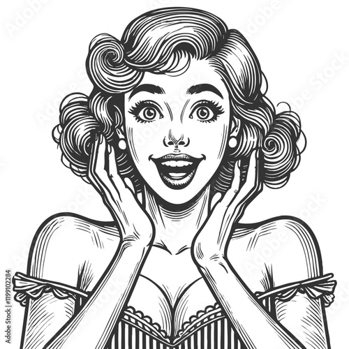 retro woman happy with an expression of surprise, excitement and vintage style sketch engraving generative ai fictional character vector illustration. Scratch board imitation. Black and white image.