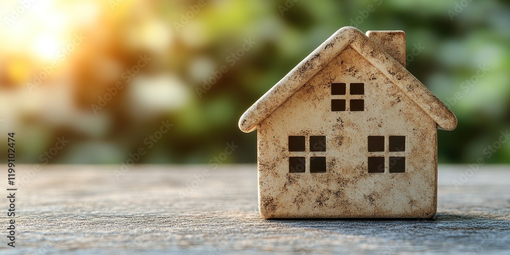Rustic Charm: A Miniature House Model Against a Blurred Green Background Rustic Charm: A Miniature House Model Against a Blurred Green Background