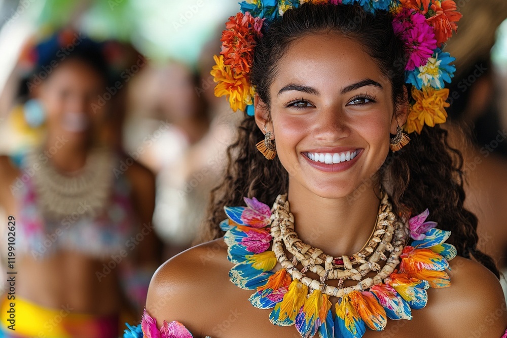 A smiling woman in traditional attire adorned with flowers, celebrating cultural heritage. A smiling woman in traditional attire adorned with flowers, celebrating cultural heritage.