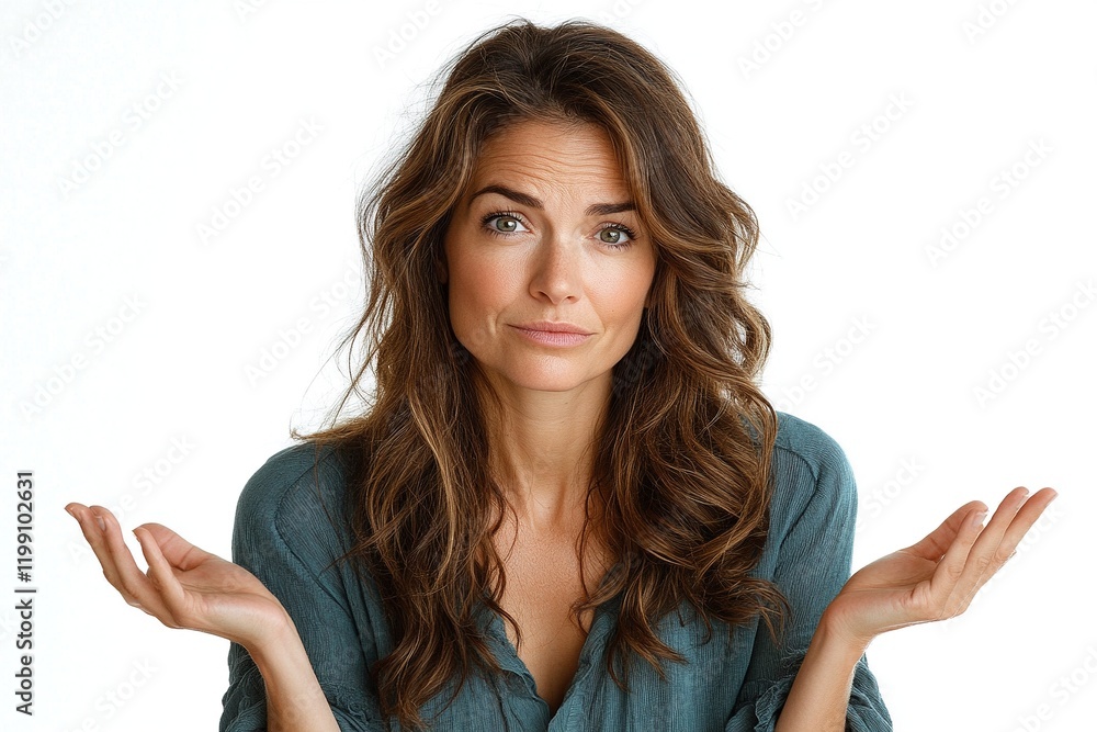 A woman with wavy hair expresses confusion, raising her hands in a questioning gesture. A woman with wavy hair expresses confusion, raising her hands in a questioning gesture.