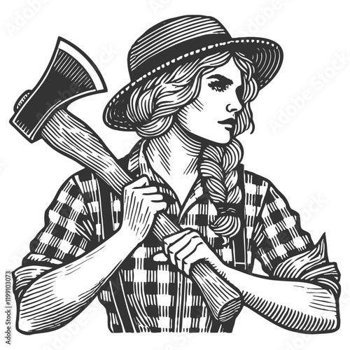 female lumberjack wearing a hat and plaid shirt, holding an axe over her shoulder with confidence sketch engraving generative ai vector illustration. Scratch board imitation. Black and white image.