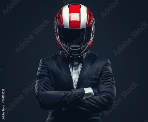 Stylish racer in a suit stands confidently with arms crossed, showcasing a striking red and white helmet photo