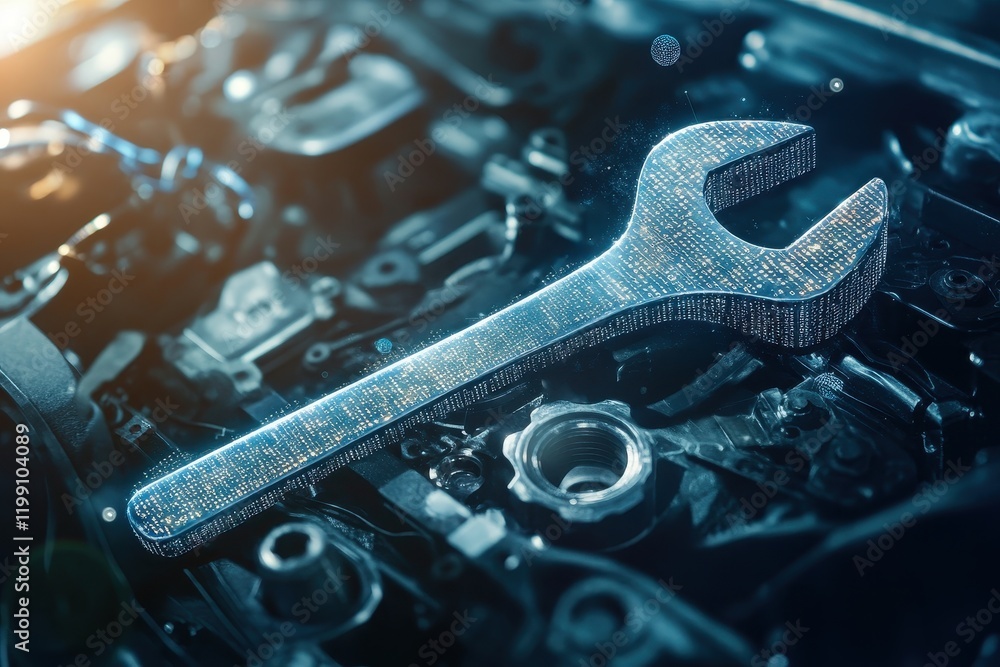 Fototapeta premium Futuristic Digital Wrench on Engine Components with a Soft Glow, Illustrating Modern Automotive Mechanics and Advanced Technology in Maintenance
