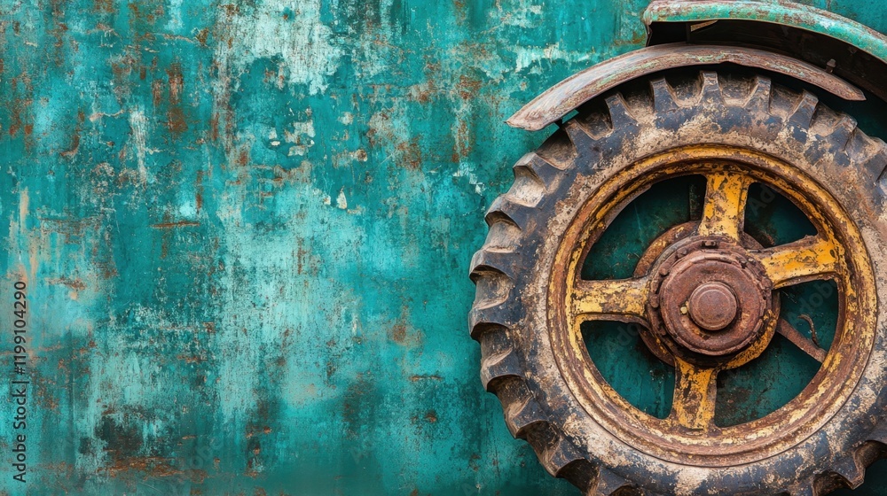 A large tractor wheel on a deep green background, emphasizing its rugged tread A large tractor wheel on a deep green background, emphasizing its rugged tread