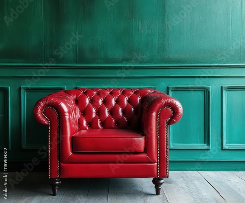 Bold red leather armchair stands out against teal paneled wall creating a striking contemporary decor statement photo