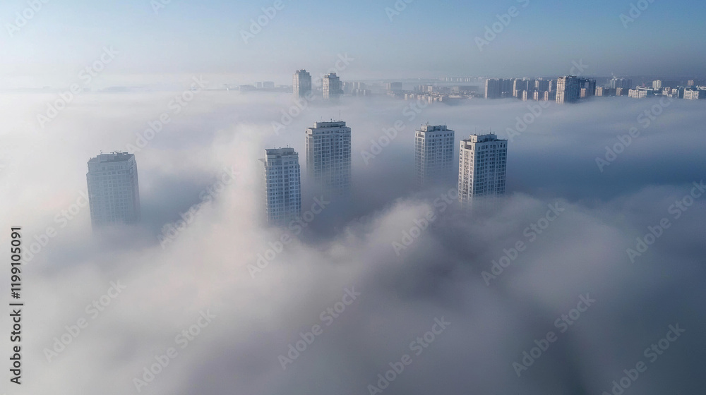 Fototapeta premium Aerial view of skyscrapers emerging from dense fog, creating mystical atmosphere