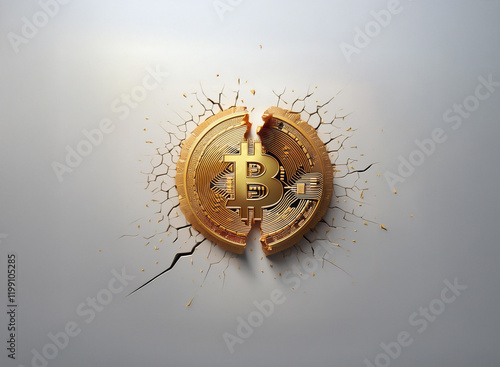 A cracked golden Bitcoin embedded in a fractured wall, symbolizing cryptocurrency volatility and market instability. photo