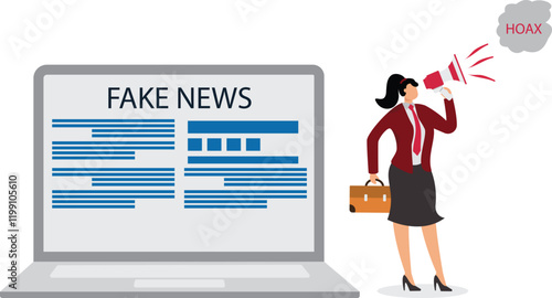 Businesswoman using megaphone conveying fake news or hoax on computer laptop, hoax or fake news illustration, misleading information from social media that creates misunderstandings