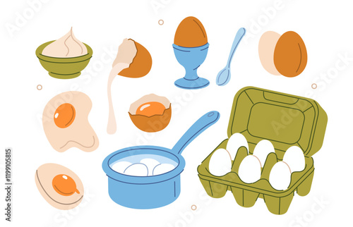 Food stickers set. Raw, cooked, soft boiled eggs collection. Yolk, egg white, homemade mayonnaise and other cooking elements. Modern cartoon concept. Vector illustration.
