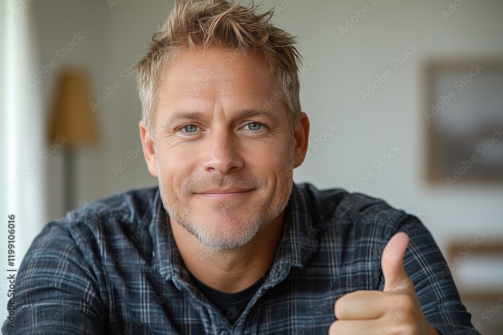 A smiling man giving a thumbs-up gesture in a bright indoor setting. A smiling man giving a thumbs-up gesture in a bright indoor setting.
