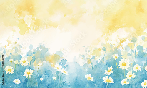 Watercolor background simple minimalistic. Soft yellow and pastel blue watercolor texture on paper. A simple depiction of scattered daisies at the bottom