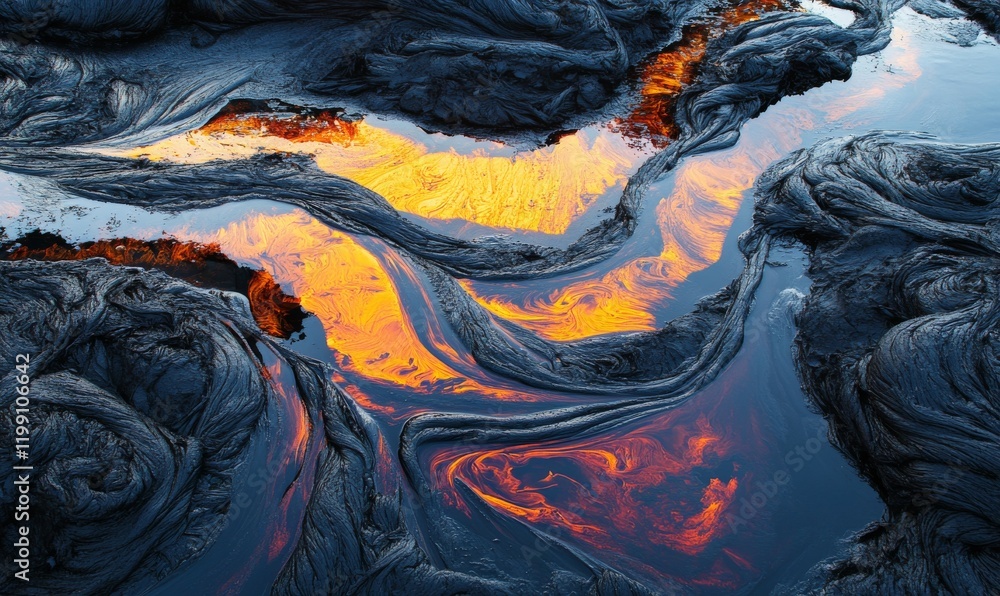 Obraz premium Lava flow with reflective oil deposits creating striking contrast