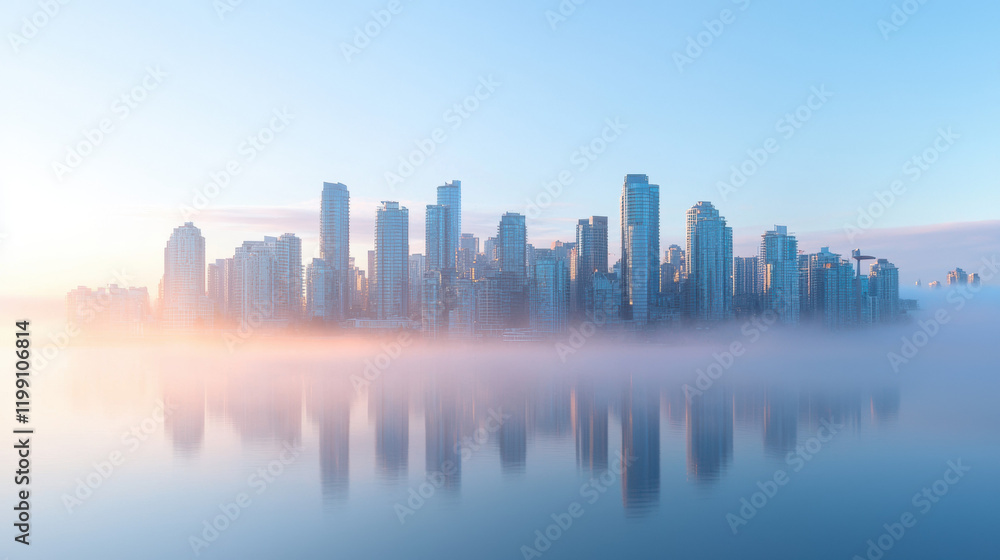 Fototapeta premium serene city skyline emerges from morning fog, reflecting in calm water