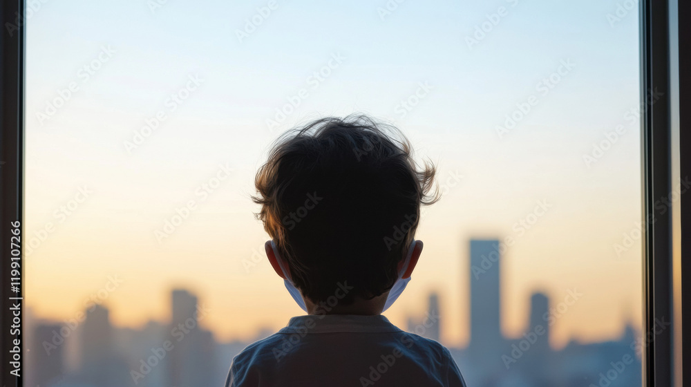 Fototapeta premium child gazes out at city skyline during sunset, evoking wonder and curiosity