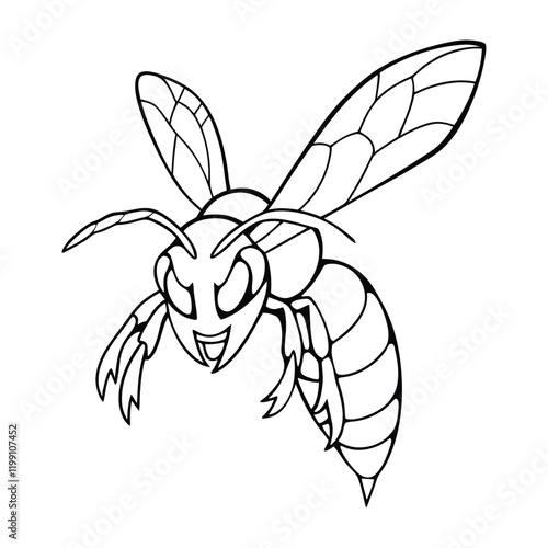 Angry cartoon wasp illustration in black and white.