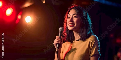 A confident performer smiles on stage, microphone in hand, engaging the audience with charisma. The warm lights create an inviting atmosphere.