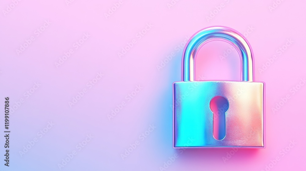 A padlock with a vibrant holographic pattern on a gradient pink and blue background A padlock with a vibrant holographic pattern on a gradient pink and blue background