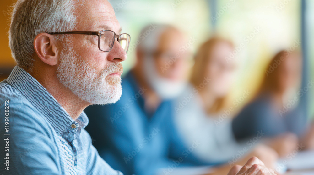 Focused older man in meeting with blurred colleagues in background Focused older man in meeting with blurred colleagues in background