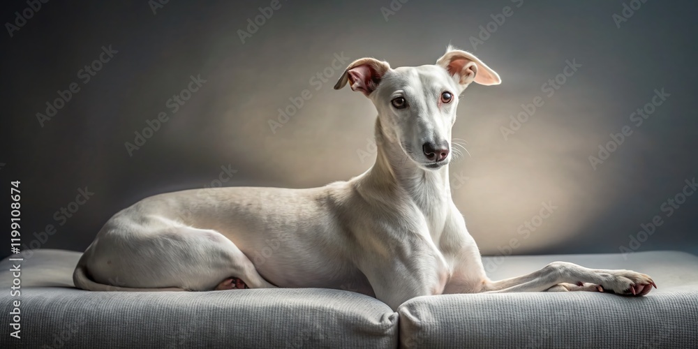 Relaxed White Whippet Dog Resting on a White Sofa Against a Gray Background - Candid Stock Photo Relaxed White Whippet Dog Resting on a White Sofa Against a Gray Background - Candid Stock Photo