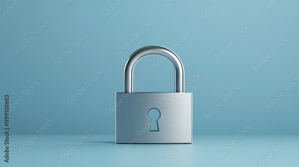 A silver padlock with a sleek design resting on a soft blue background, minimalist and modern A silver padlock with a sleek design resting on a soft blue background, minimalist and modern