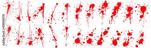 Vector illustration of red splatter stains and drips on a white background. Ideal for artistic, grunge, horror, or abstract-themed designs and creative projects.