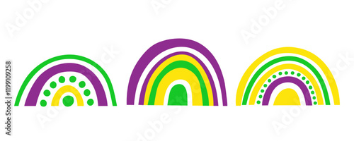 Mardi Gras rainbows isolated on white background. Graphic template for Fat Tuesday holiday celebration. Vector illustration.