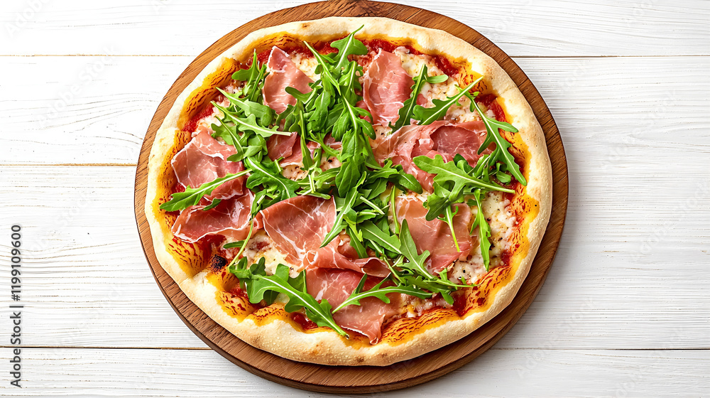 Delicious pizza topped with ham and fresh arugula on wooden board Delicious pizza topped with ham and fresh arugula on wooden board