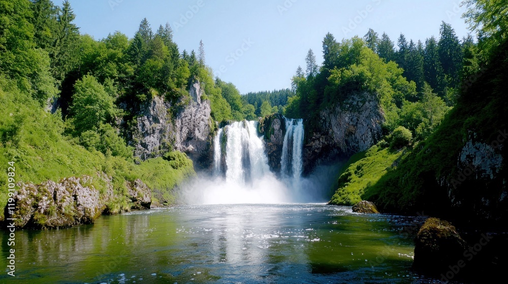 Fototapeta premium A serene waterfall surrounded by lush greenery and calm waters.
