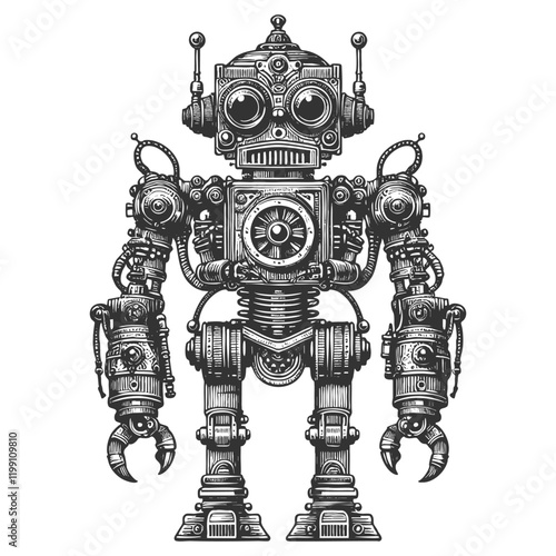 steampunk robot featuring mechanical gears, pipes, and a vintage-style top hat with ornate details sketch engraving generative ai vector illustration. Scratch board imitation. Black and white image.