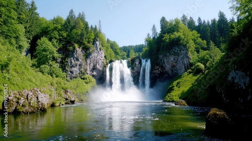 A serene waterfall surrounded by lush greenery and calm waters.