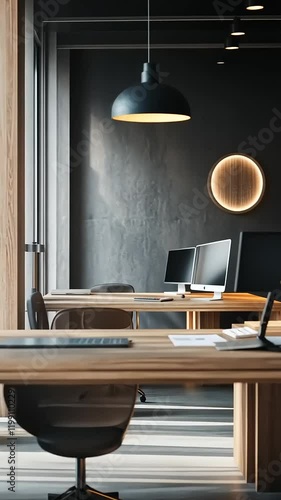 office interior with table and lamp
