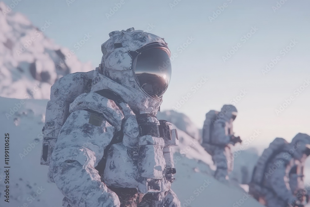 Astronaut team exploring snowy mountain, sunrise