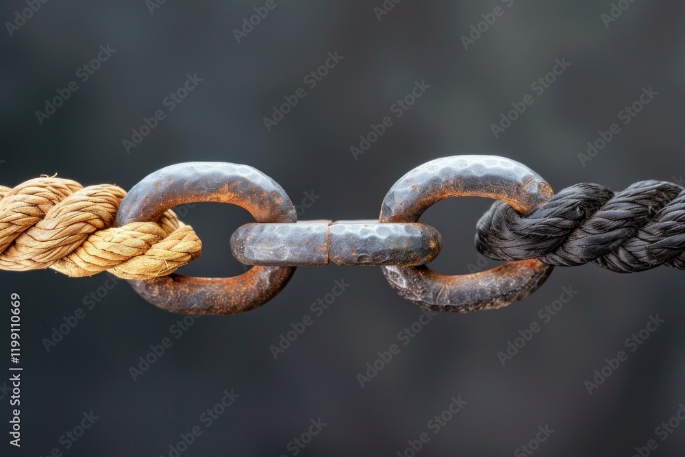 Close up of a rusty metal chain joining two ropes of different colors, creating a strong connection Close up of a rusty metal chain joining two ropes of different colors, creating a strong connection