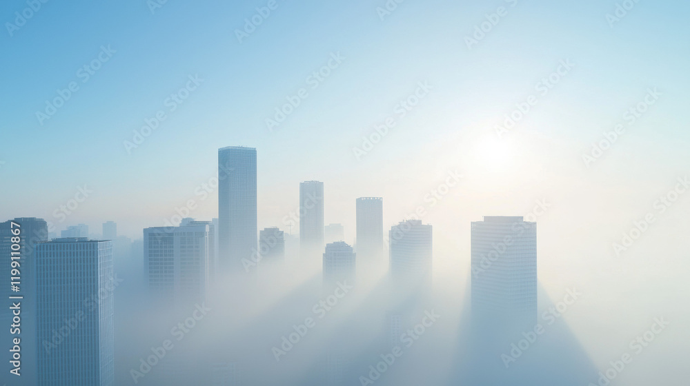 Fototapeta premium city skyline emerges through fog, showcasing tall buildings and soft sunlight