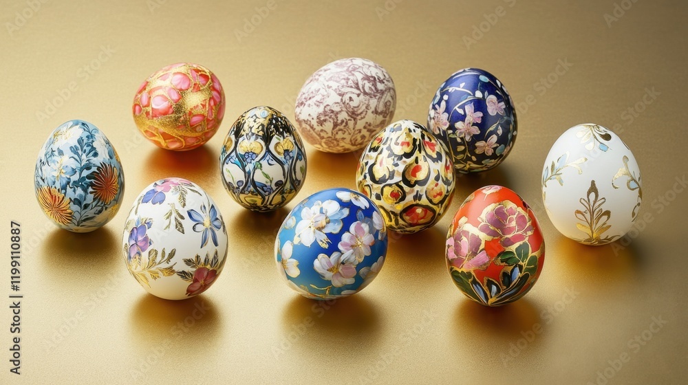 A variety of Easter eggs painted with unique designs and patterns, resting on a golden background A variety of Easter eggs painted with unique designs and patterns, resting on a golden background