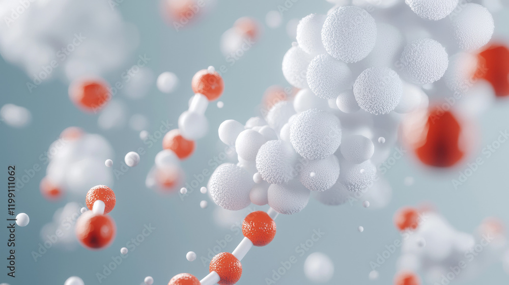 Molecular structure with white and red spheres representing atoms, showcasing scientific concepts and chemical interactions Molecular structure with white and red spheres representing atoms, showcasing scientific concepts and chemical interactions