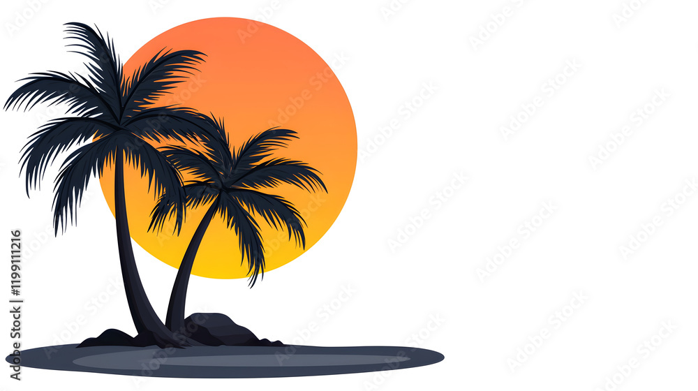 Tropical sunset with palm trees and serene beach scene Tropical sunset with palm trees and serene beach scene