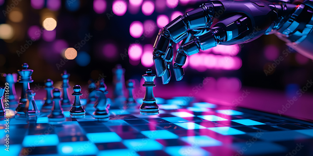 Robotic hand playing chess on a glowing board. Robotic hand playing chess on a glowing board.
