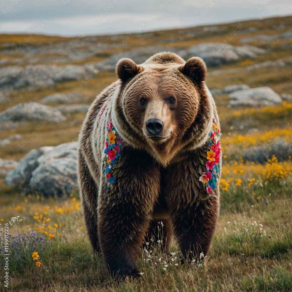 Obraz premium A grizzly bear painted with colorful floral patterns, standing on a white hill.
