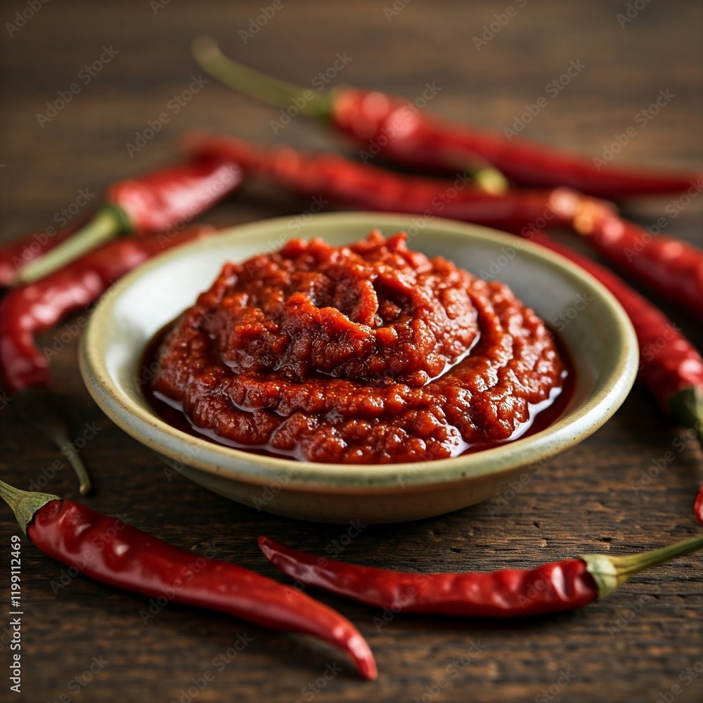 A professional shot of red chili paste in a small ceramic dish, surrounded by dried red chilies.
A professional shot of red chili paste in a small ceramic dish, surrounded by dried red chilies.
