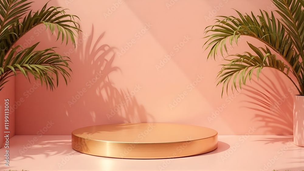 Obraz premium Gold Platform Display with Tropical Palm Elements