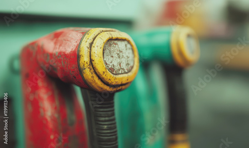 Close-Up of Weathered Fuel Nozzles at a Gasoline Station Highlighting Transport and Energy Themes photo