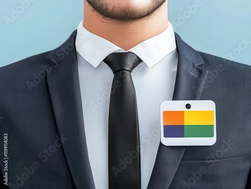 A man in a formal suit wearing a name tag with colorful graphics, suggesting a professional or business context. photo