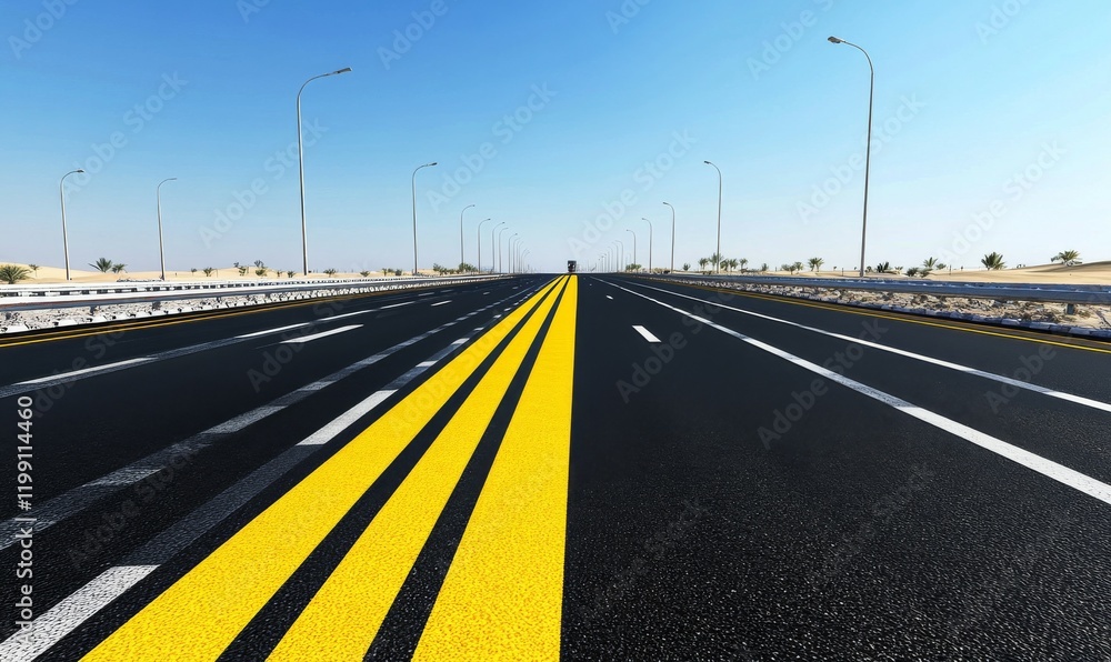 Fototapeta premium long stretch of highway with double yellow line