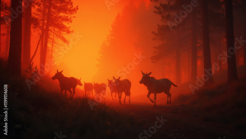 Wildlife Escaping a Forest Fire in Smoky Hues