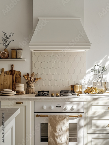 A beautifully designed modern kitchen featuring bright decor elements. photo