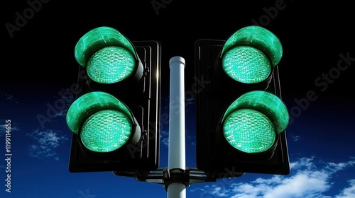 Green Light Go! A vibrant image of a double traffic light showcasing bright green lights against a dramatic night sky. Perfect for transportation, safety, and go-ahead concepts.