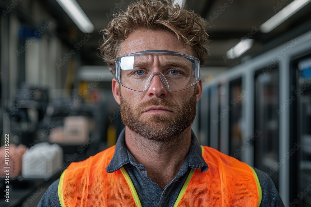 Fototapeta premium Portrait of a focused male factory worker wearing safety glasses and a high-visibility vest