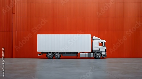 White box truck parked at orange warehouse; logistics, delivery concept photo